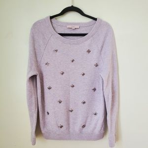 LOFT Jeweled Sweater Gray Scoop Neck